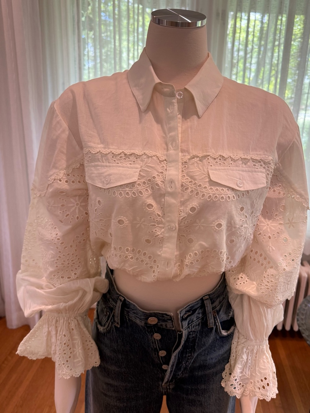 Cream TuLarosa “Joyce”  Eyelet Cropped Button-Down Blouse with Puff Sleeves
